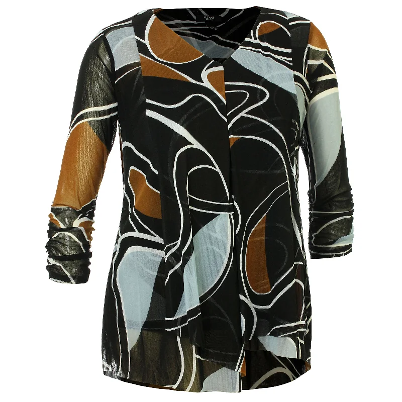 Alfani Multi Color Abstract Print Long Sleeve Layered Mesh Shirt Solid Print Embellished