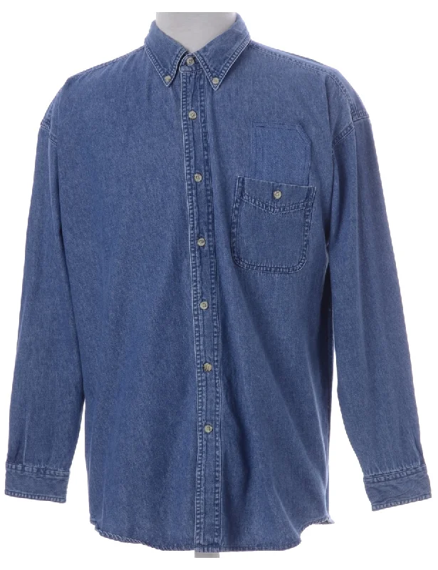 Label Callum Denim Double Pocket Shirt V-Neck T-Shirt Long Sleeve Cotton