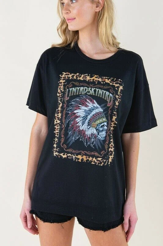 Black Lynyrd Skynyrd Skull Indian Chief Leopard Oversized Graphic T-Shirt Womens Ribbed Striped Patterned