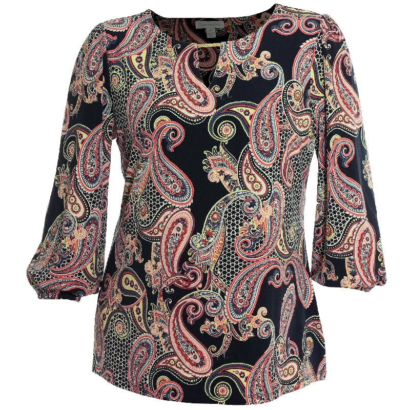 Charter Club Multi Color Paisley Print Long Sleeve Hardware Keyhole Shirt Collared Crew Neck Turtle Neck