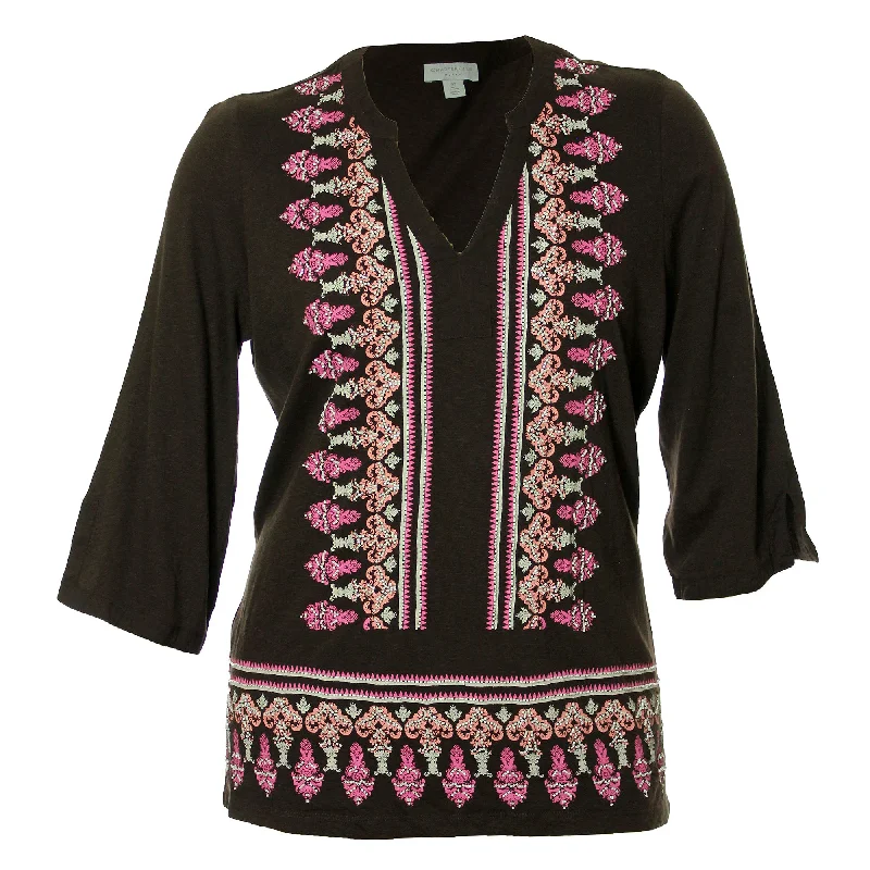 Charter Club Multi Color Print 3/4 Sleeve Bead Embellished Tunic Shirt Oversized T-Shirt Spandex breathable