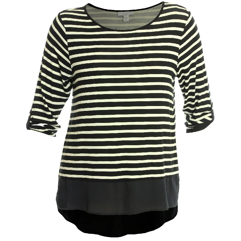 Charter Club Striped 3/4 Sleeve High-Low Chiffon Hem Shirt Mesh Blend Leather Blend Suede Blend