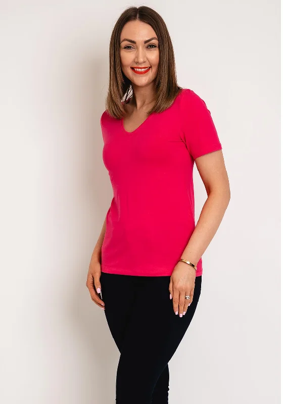 Dolcezza Basic V-Neck T-Shirt, Fuchsia Front Pockets Side Pockets Patch Pockets