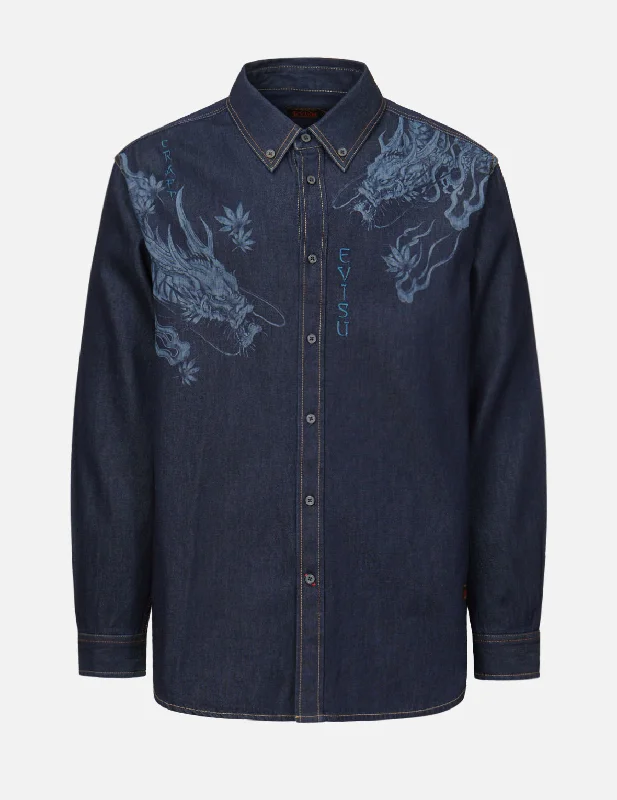 Dragon Motif Laser-print Denim Shirt Zippered Front Buttoned Front Snap Front