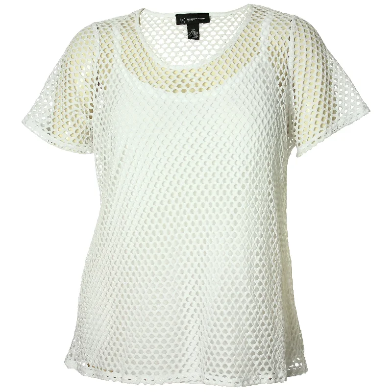 INC White Short Sleeve Mesh Shirt & Camisole Graphic T-Shirt Round Neck Polyester