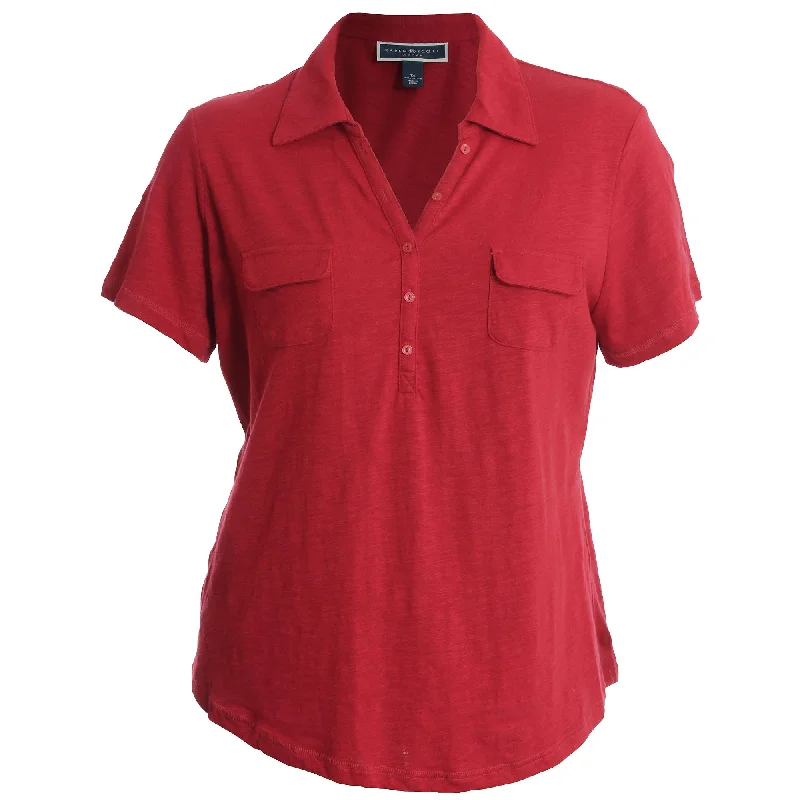 Karen Scott Red Short Sleeve Slub Henley Shirt Notch Collar Peter Pan Collar Cowl Neck