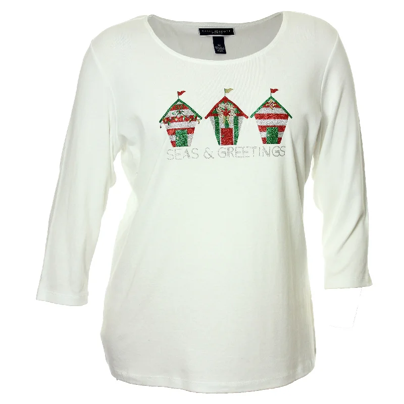 Karen Scott White Short Sleeve Holiday Greetings Graphic Shirt Tee Layered Multi-layer Single Layer