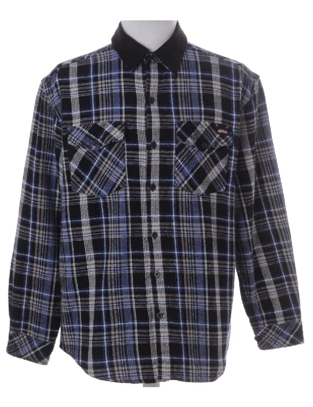 Label Black Plaid Shirt with Denim Collar Mesh Canvas Denim