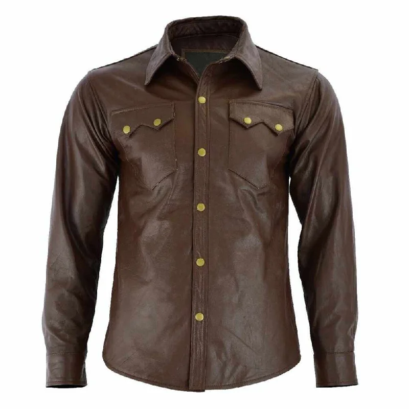 Men Soft Brown Long Sleeve Slim Fit Leather Shirt Welt Pockets Slit Pockets