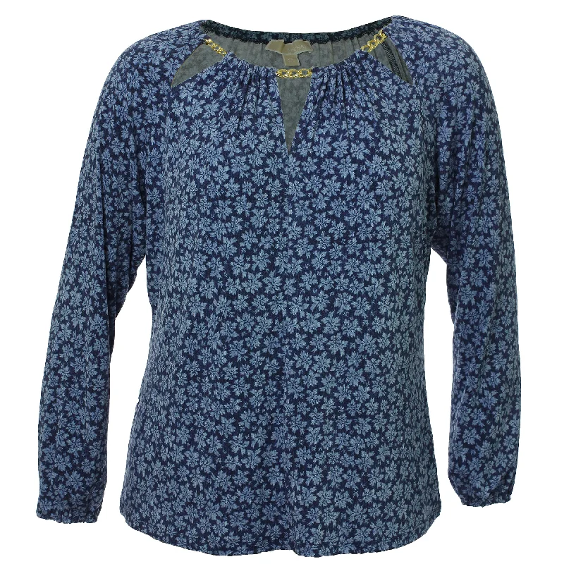 Michael Kors Blue Floral Long Sleeve Chain Trim Cutout Shirt Rayon Fabric Velvet Fabric Corduroy Fabric