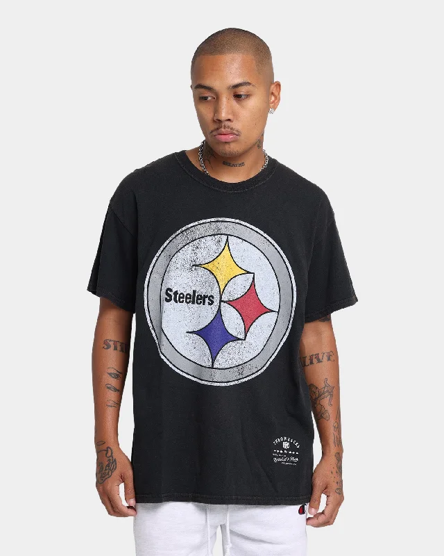 Mitchell & Ness Pittsburgh Steelers Oversized Logo Short Sleeve Vintage T-Shirt Vintage Black Embroidered Appliqued Beaded