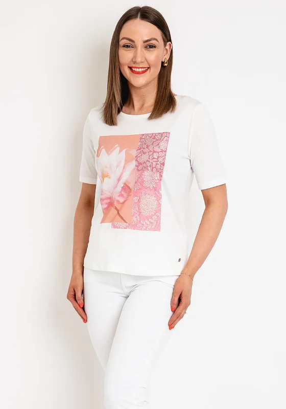 Monari Floral Graphic Print T-Shirt, White Sequined Glittery Shiny