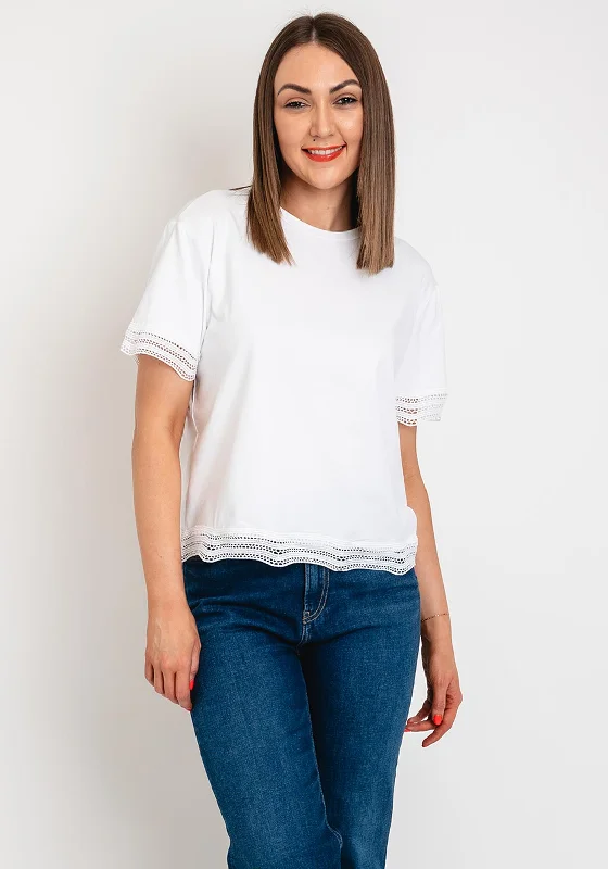 Object Terese Embroidered Trim T-Shirt, Bright White Denim Fabric Leather Fabric Suede Fabric