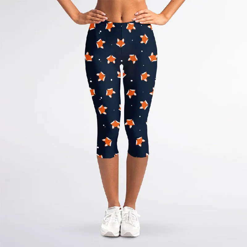 Orange Fox Pattern Print Women's Capri Leggings Cozy Sweat-Wicking Leggings