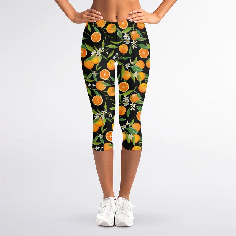 Orange Fruit Pattern Print Women's Capri Leggings Cozy Full-Length Workout Leggings