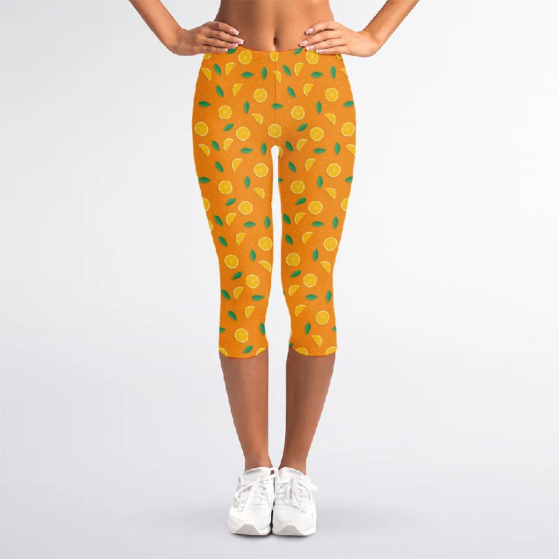 Orange Fruit Slices Pattern Print Women's Capri Leggings Casual Black Leggings