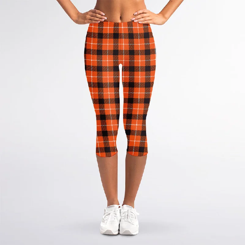 Orange Grey And White Plaid Print Women's Capri Leggings Fashionable High-Rise Leggings