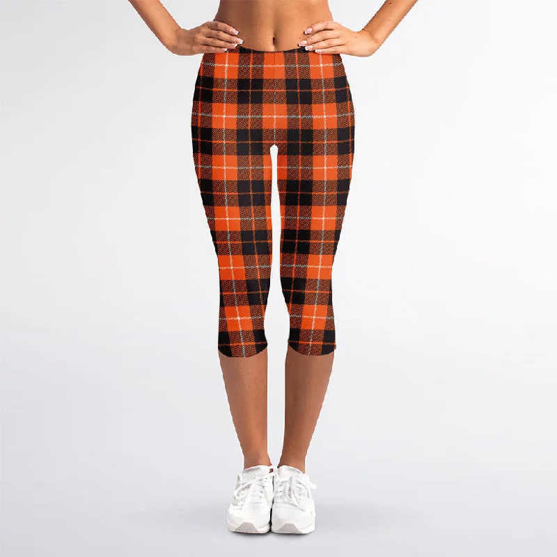 Orange Grey And White Tartan Print Women's Capri Leggings Elegant Satin Finish Leggings