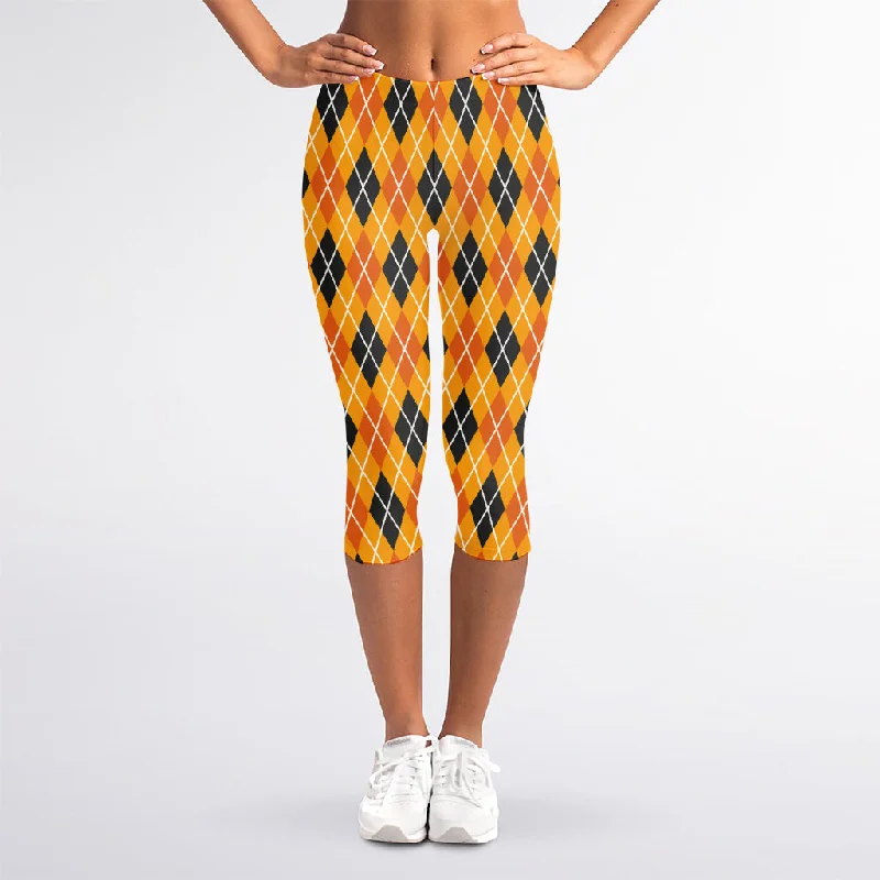 Orange Halloween Argyle Pattern Print Women's Capri Leggings Fashionable Seamless Leggings