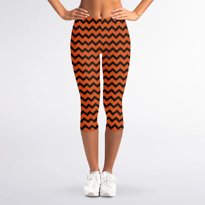 Orange Halloween Chevron Pattern Print Women's Capri Leggings Chic Floral Print Leggings