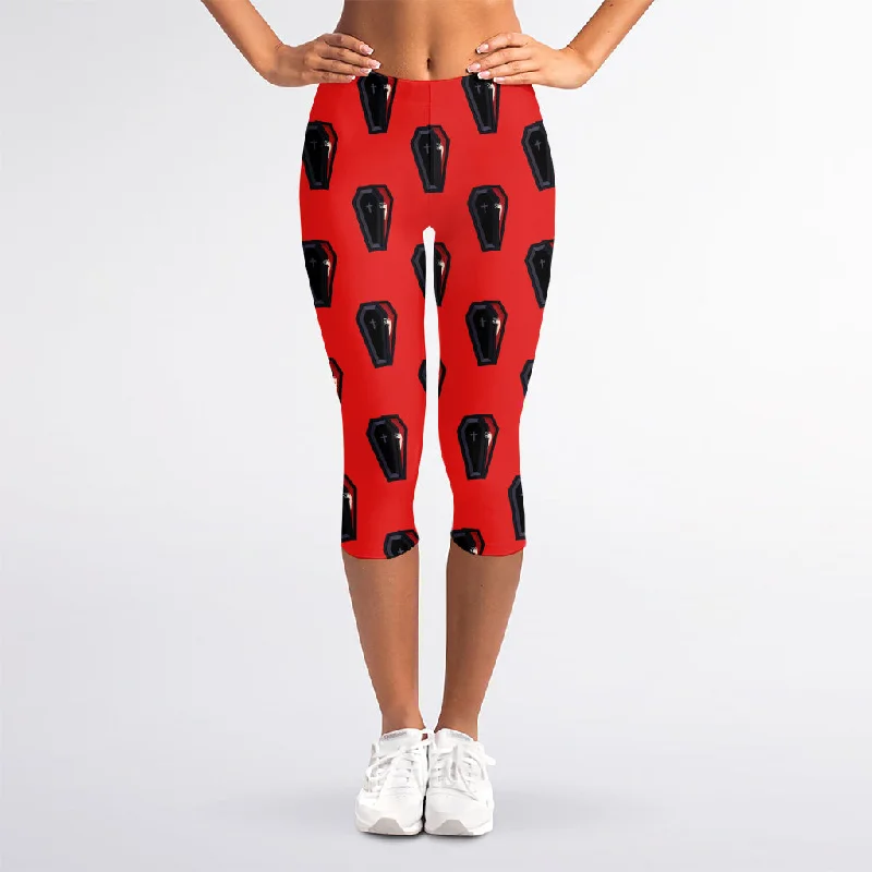 Orange Halloween Coffin Pattern Print Women's Capri Leggings Trendy Sports Performance Leggings