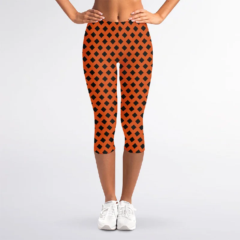 Orange Halloween Pattern Print Women's Capri Leggings Classic Solid Color Leggings