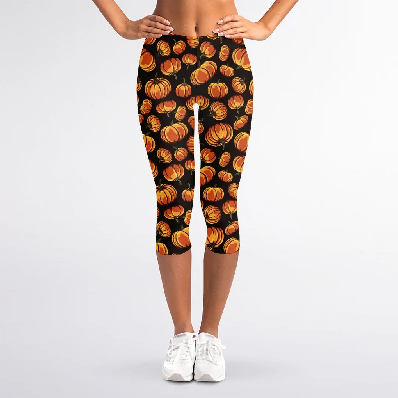 Orange Halloween Pumpkin Pattern Print Women's Capri Leggings Comfortable Workout Fitness Leggings