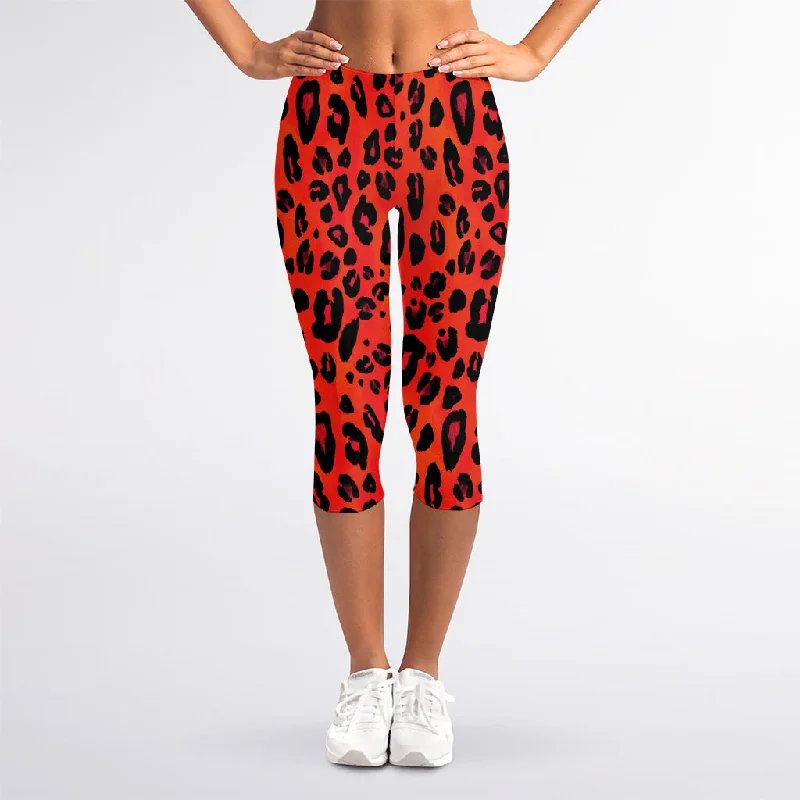 Orange Leopard Print Women's Capri Leggings Casual Slim-Fit Leggings