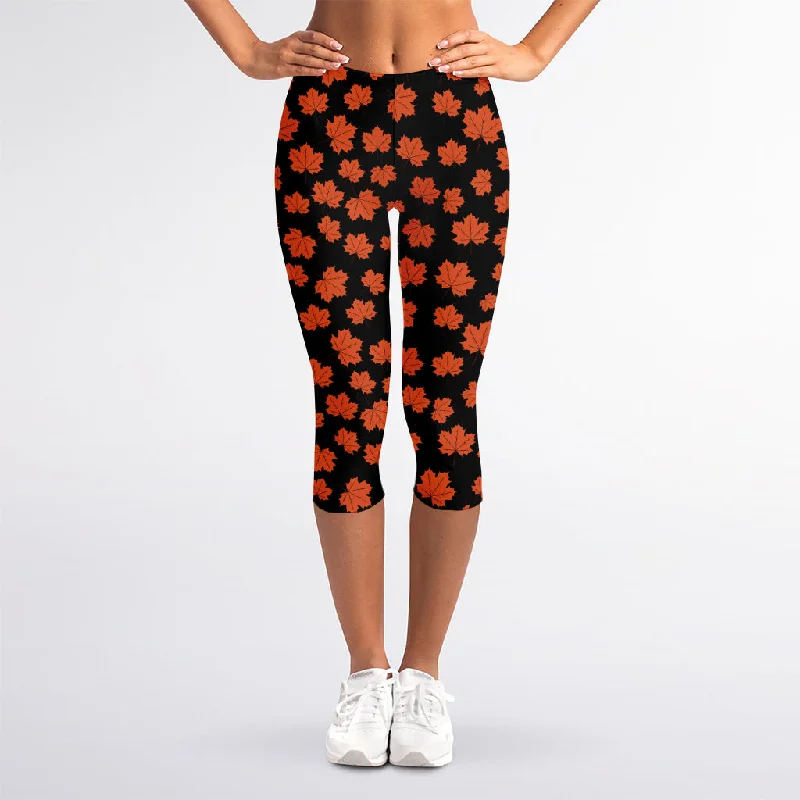 Orange Maple Leaves Pattern Print Women's Capri Leggings Fashionable Tummy Control Leggings