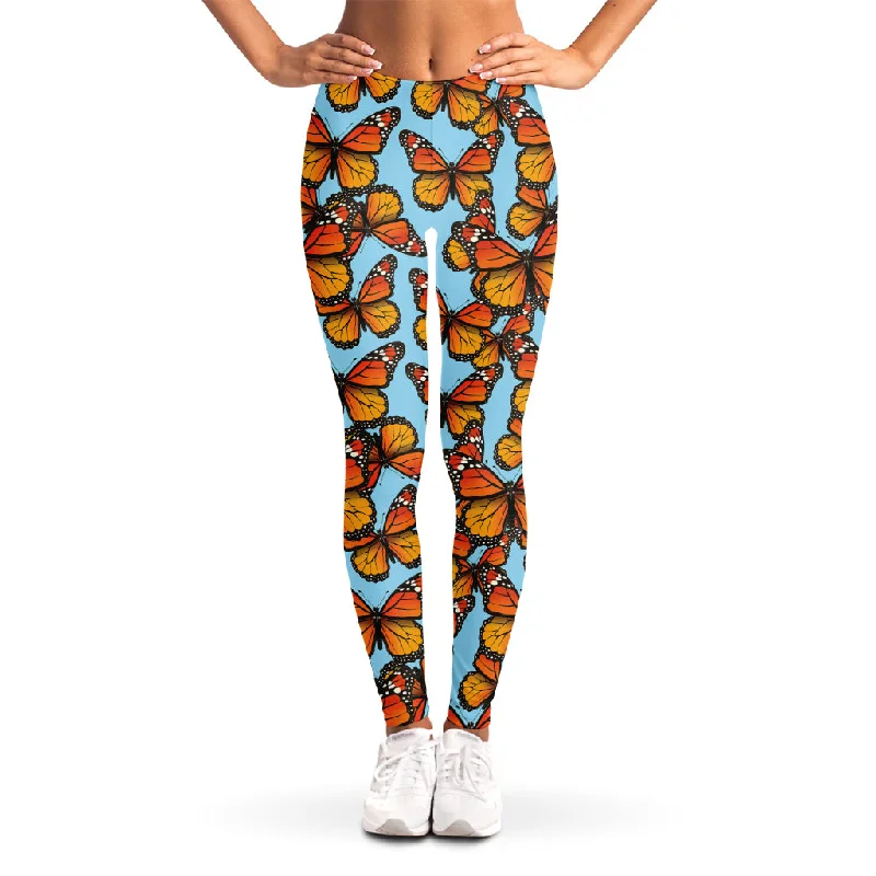 Orange Monarch Butterflies Pattern Print Women's Leggings Trendy Tie-Dye Leggings