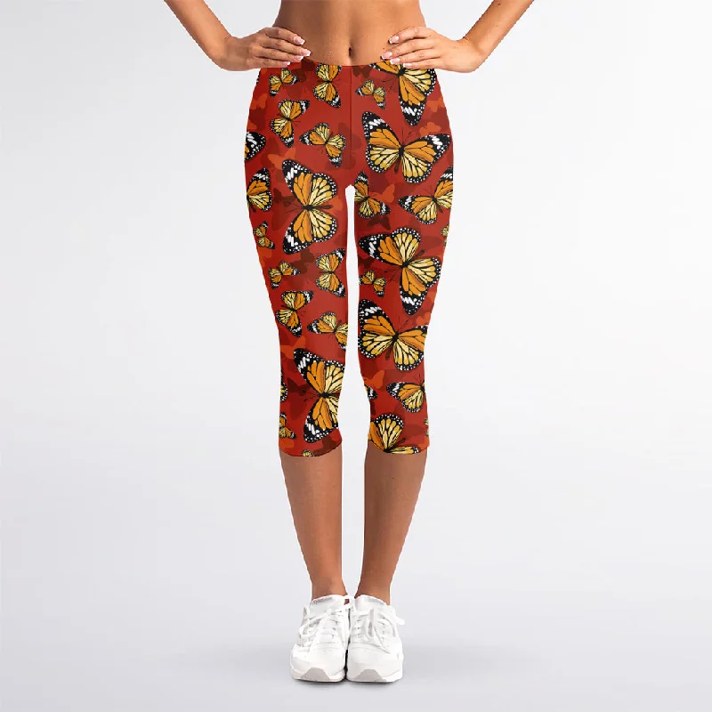 Orange Monarch Butterfly Print Women's Capri Leggings Trendy Activewear Leggings