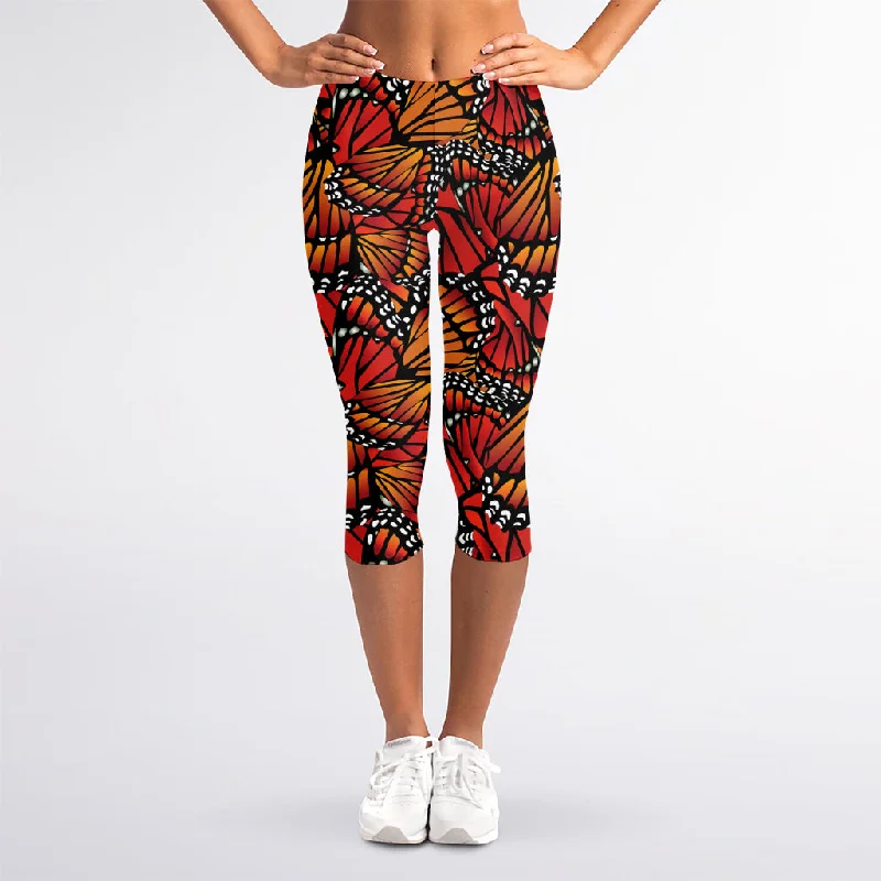 Orange Monarch Butterfly Wings Print Women's Capri Leggings Stylish Yoga Leggings