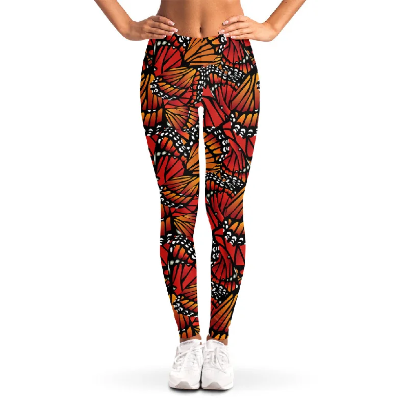 Orange Monarch Butterfly Wings Print Women's Leggings Elegant Stretchy Faux Leather Leggings