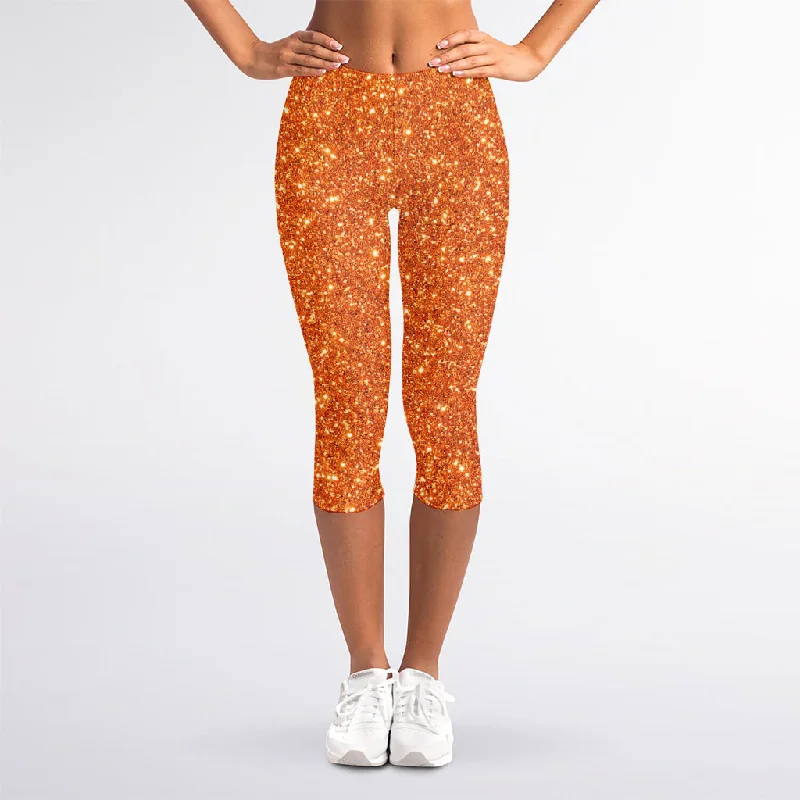 Orange (NOT Real) Glitter Print Women's Capri Leggings Stylish Faux Leather Leggings