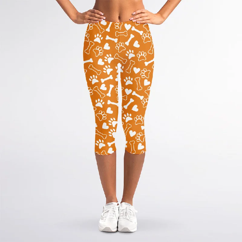 Orange Paw And Bone Pattern Print Women's Capri Leggings Elegant Black Leggings