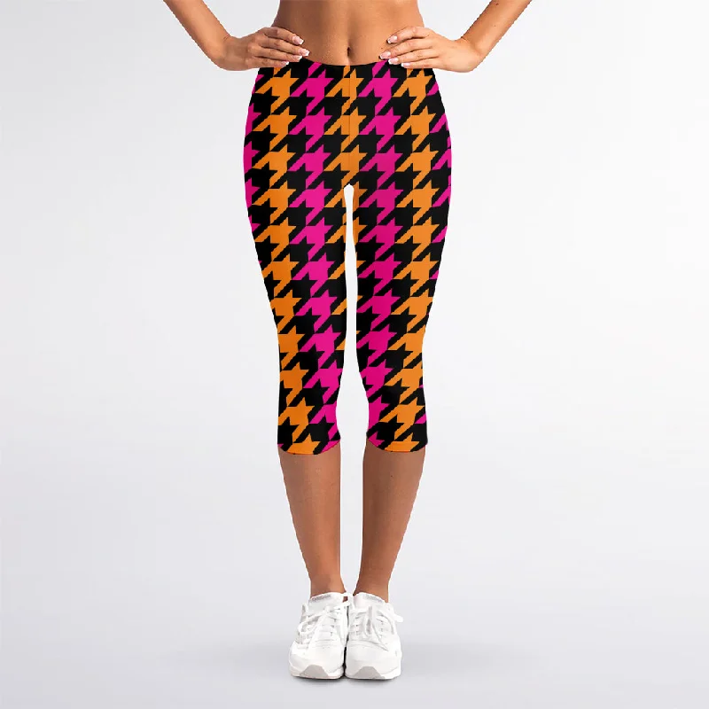 Orange Pink And Black Houndstooth Print Women's Capri Leggings Trendy Cut-Out Activewear Leggings