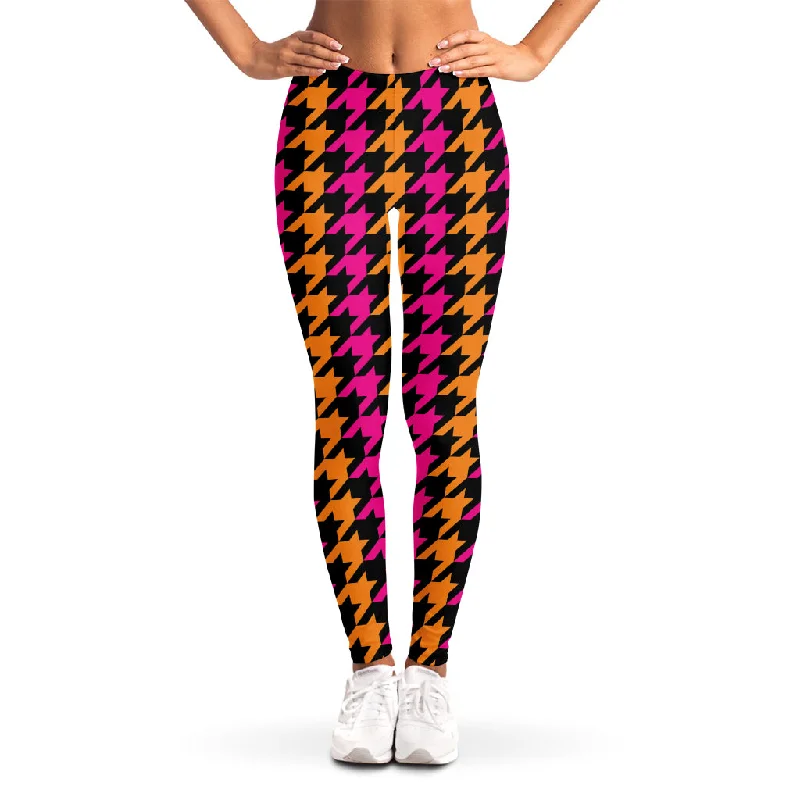 Orange Pink And Black Houndstooth Print Women's Leggings Trendy Color Block Leggings