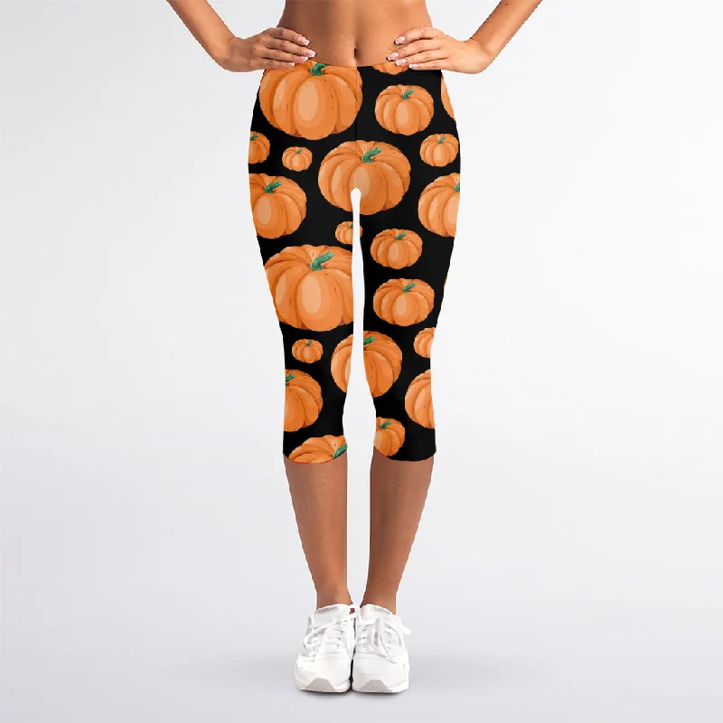 Orange Pumpkin Pattern Print Women's Capri Leggings Stylish High-Waisted Leggings