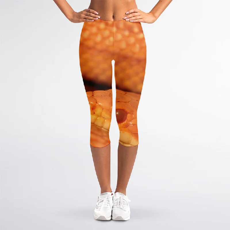 Orange Snake Print Women's Capri Leggings Trendy Sports Performance Leggings