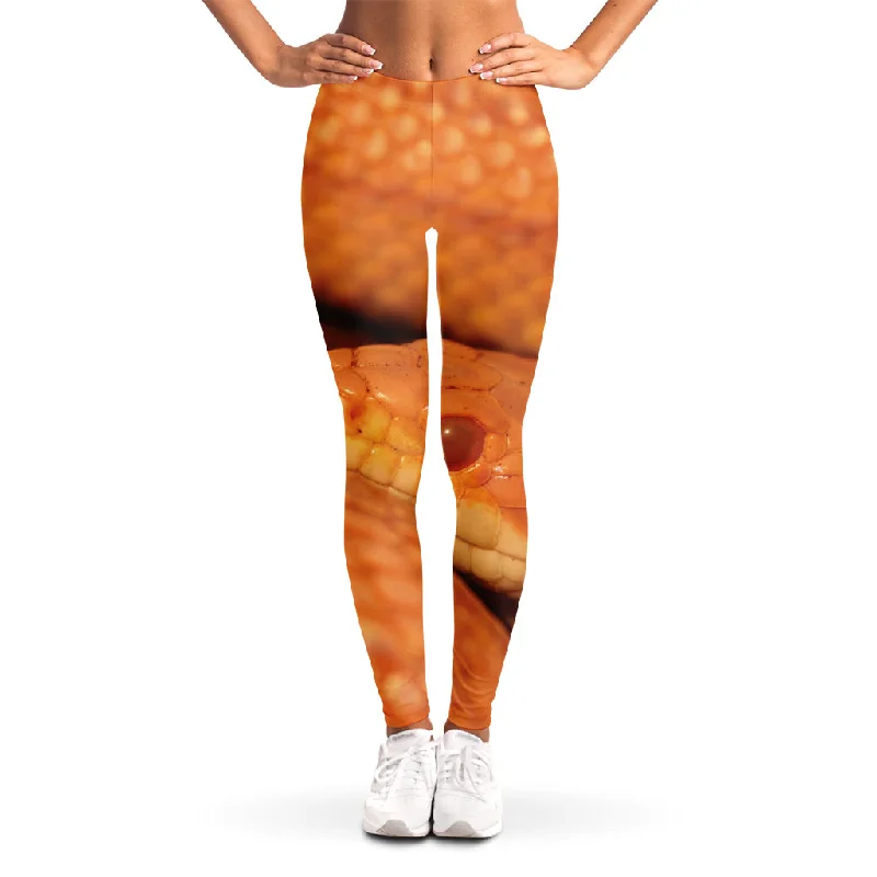 Orange Snake Print Women's Leggings Elegant Metallic Leggings