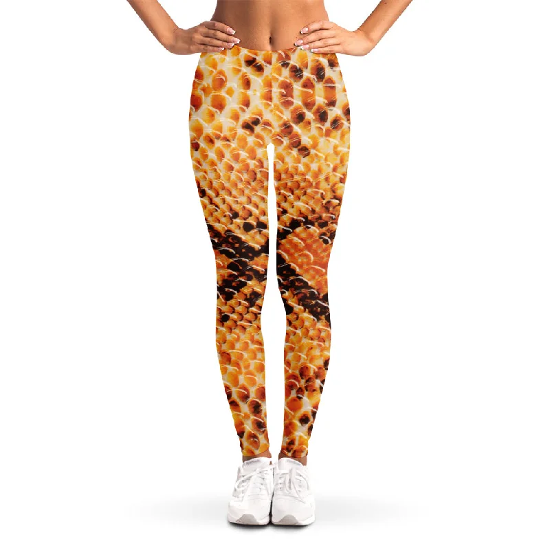 Orange Snakeskin Print Women's Leggings Fashionable Lacy Detail Leggings