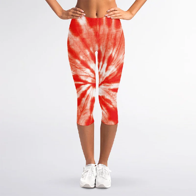 Orange Tie Dye Print Women's Capri Leggings Stylish Stretch-Waist Leggings