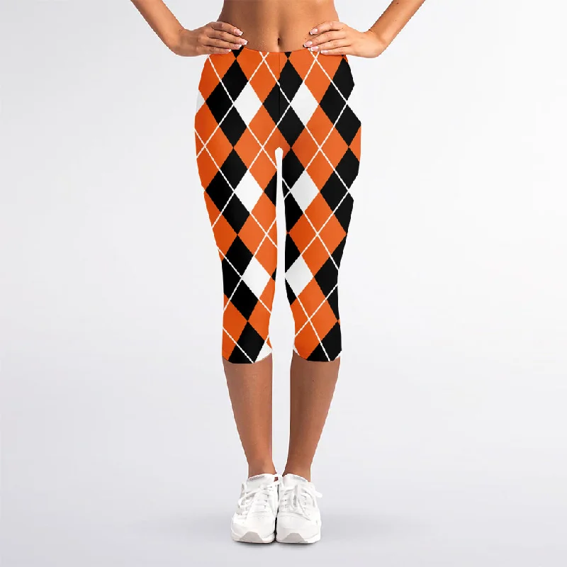 Orange White And Black Argyle Print Women's Capri Leggings Fashionable Moisture-Wicking Leggings