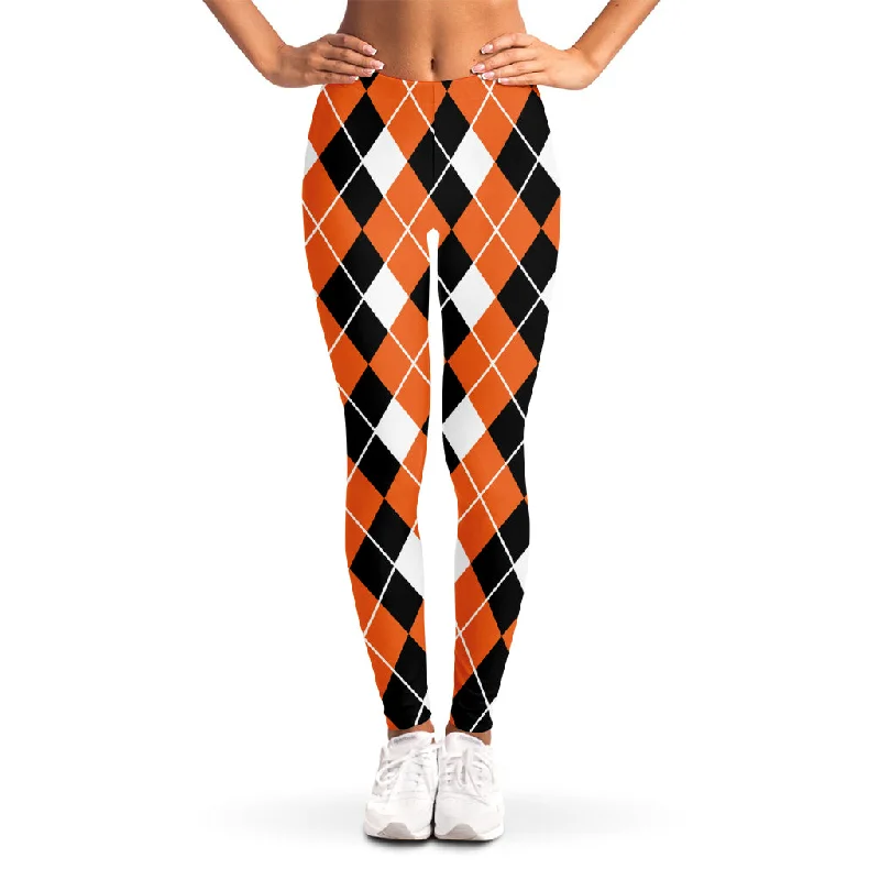 Orange White And Black Argyle Print Women's Leggings Stylish Stretch-Waist Leggings