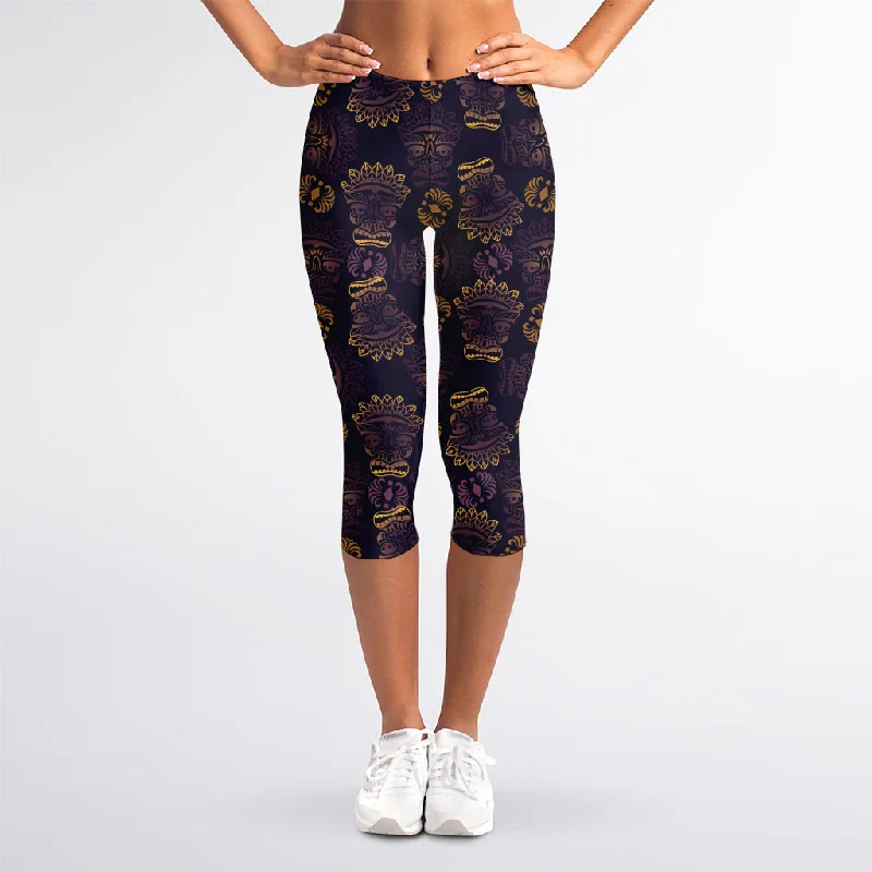 Ornament Tiki Mask Pattern Print Women's Capri Leggings Stylish Printed Sport Leggings