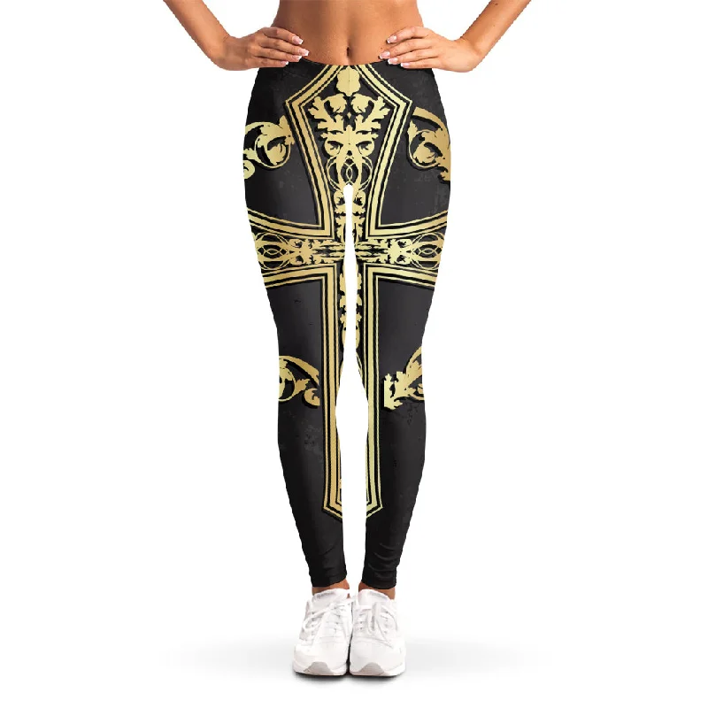 Ornamental Golden Cross Print Women's Leggings Comfortable Stretch Leggings