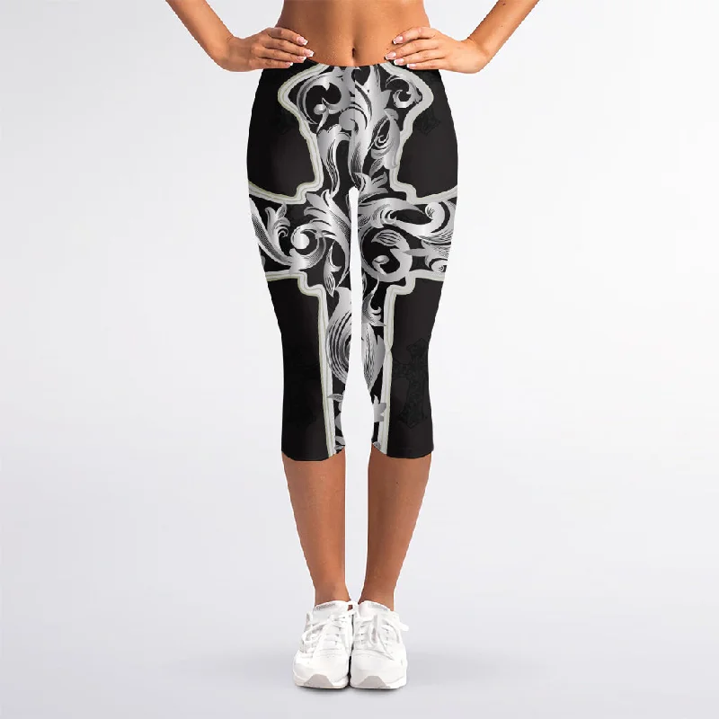 Ornamental Silver Cross Print Women's Capri Leggings Trendy Colorblock Print Leggings