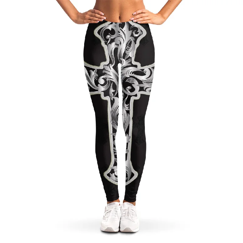 Ornamental Silver Cross Print Women's Leggings Cozy Bootcut Leggings