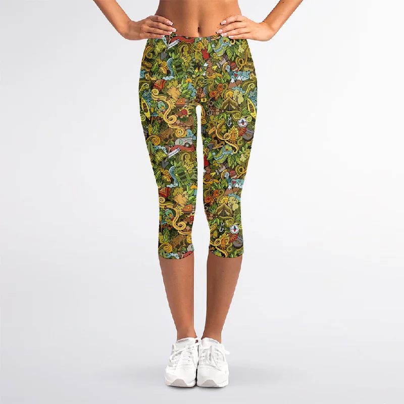 Outdoor Camping Pattern Print Women's Capri Leggings Elegant Printed Leggings with Pockets