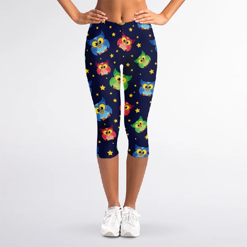 Owl And Star Pattern Print Women's Capri Leggings Trendy Minimalist Leggings